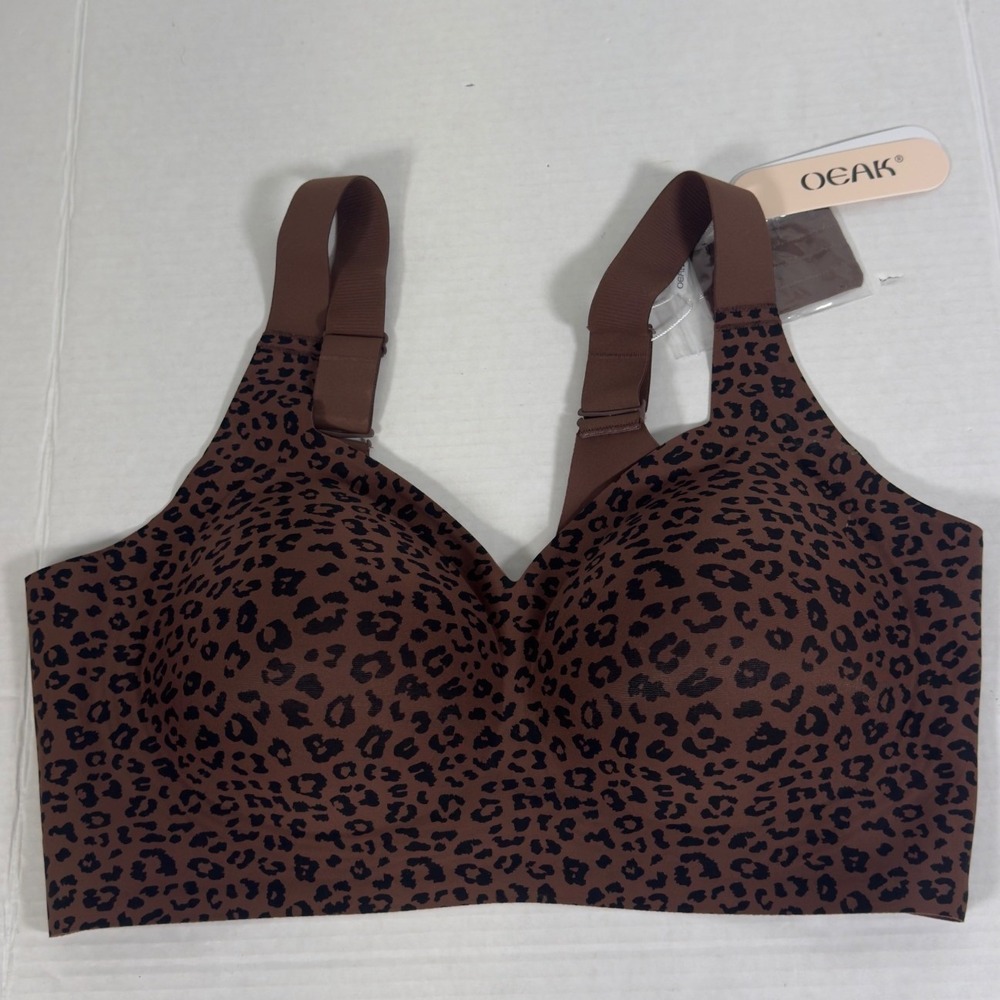 OEAK Leopard Print Wireless Comfort Bra Womens 3XL Brown Seamless Adjustable